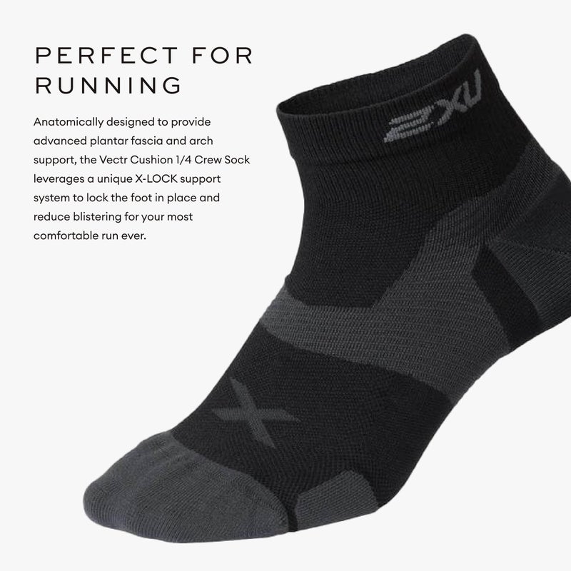 2XU Unisex Vectr Cushion 1/4 Compression Crew Socks - Sports Performance Socks - Black/Titanium - Size Medium (Men's Size 6-8.5, Women's Size 7.5-9.5 - Image 2